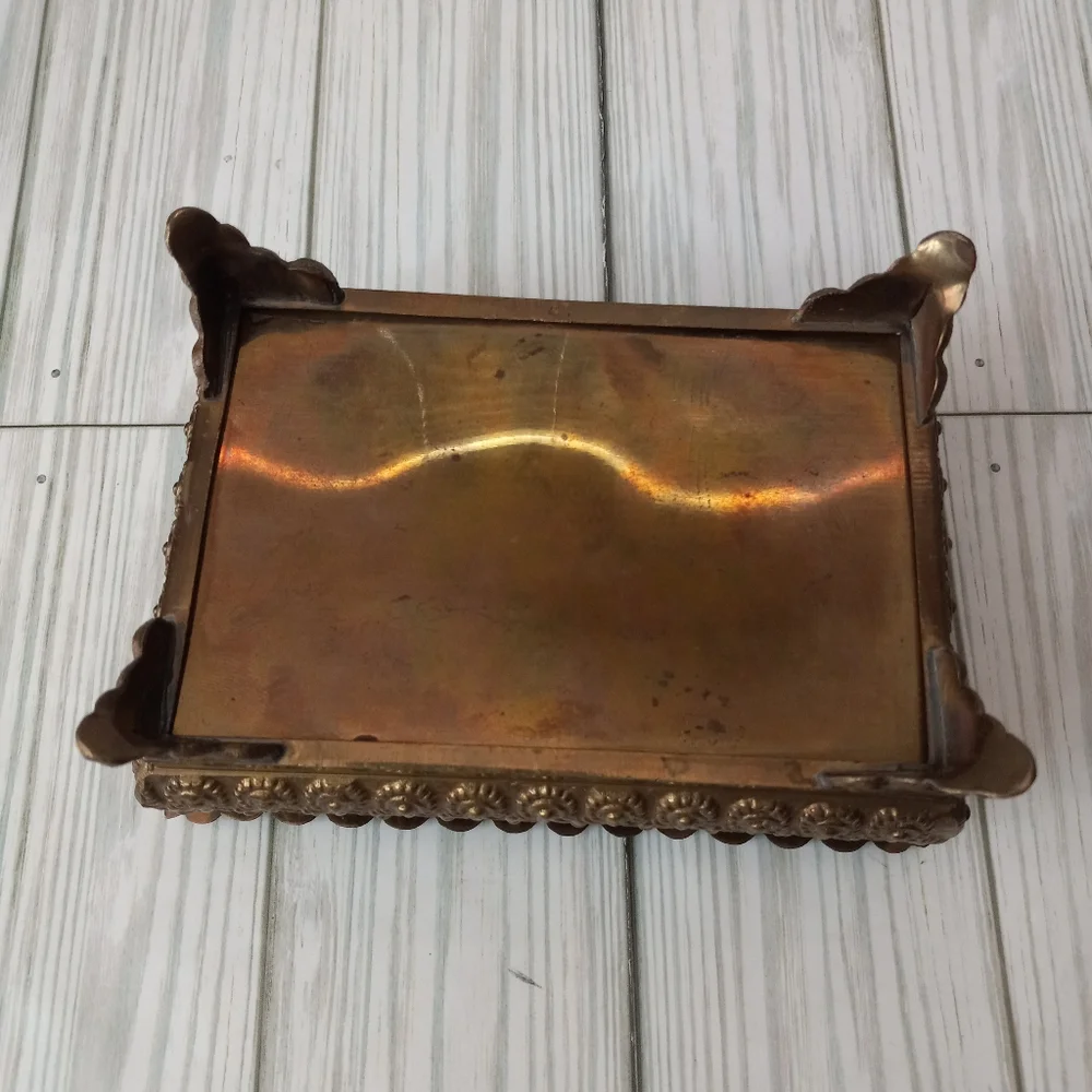 Vintage Hollywood Regency Solid Brass Ornate Footed Vanity Jewelry Trinket Box